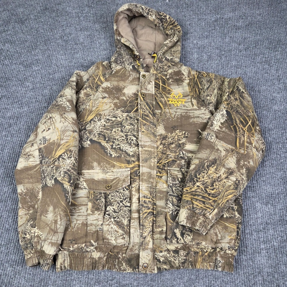 Realtree MAX-1 XT Camouflage Hunting Jacket Mens XL Brown Tan Hooded Canvas